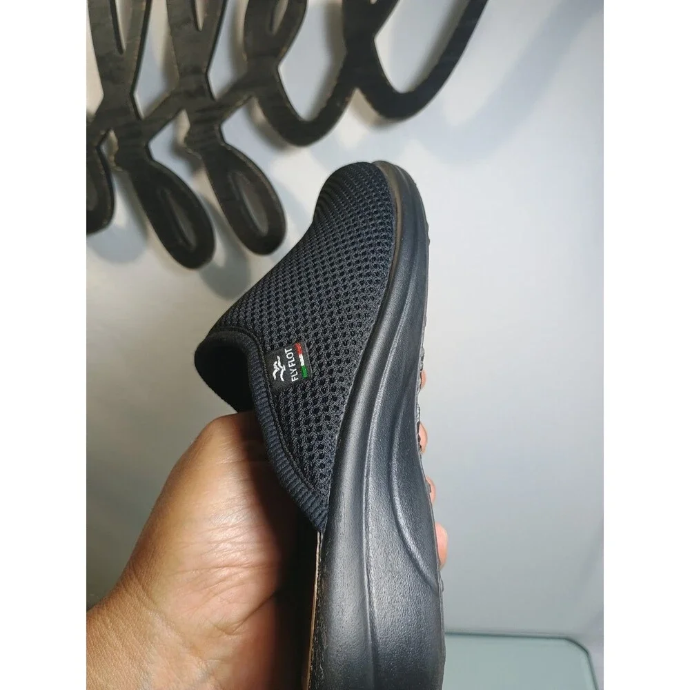 New Fly Flot Womens EU 37 Black Knit Anti Shock Backless Mules Clogs Light